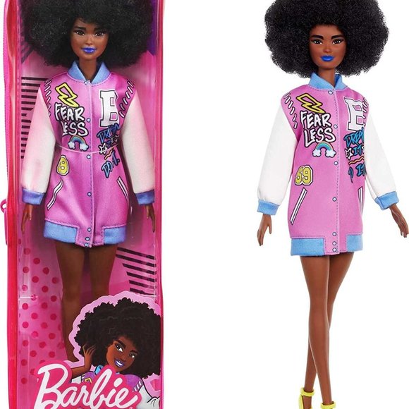 Barbie Other - Barbie Fashionistas Doll with Brunette Afro, Blue Lips, And Graphic Coat Dress